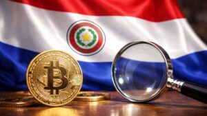 Imagen de Bitcoin, la bandera de Paraguay y una lupa como de vigilancia.