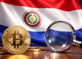 Imagen de Bitcoin, la bandera de Paraguay y una lupa como de vigilancia.
