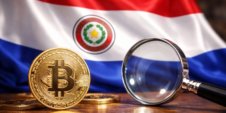 Imagen de Bitcoin, la bandera de Paraguay y una lupa como de vigilancia.