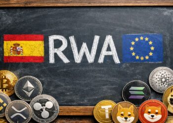 Una pizarra que tiene escrito la palabra RWA, con la bandera de España y la UE. Y criptomonedas alrededor.
