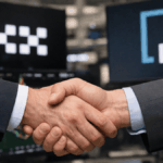 En primer plano, un apretón de manos. En el fondo, los logos de OKX e ICE.