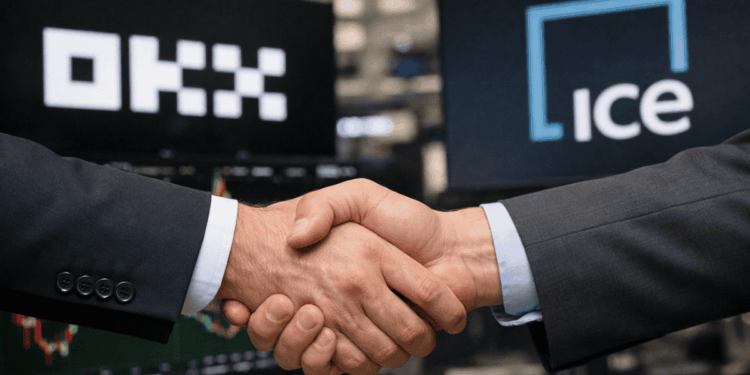 En primer plano, un apretón de manos. En el fondo, los logos de OKX e ICE.