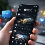 Mano sosteniendo smartphone con interfaz oscura de OKX y elementos de interacciรณn de redes sociales flotando alrededor.