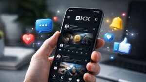 Mano sosteniendo smartphone con interfaz oscura de OKX y elementos de interacción de redes sociales flotando alrededor.