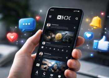 Mano sosteniendo smartphone con interfaz oscura de OKX y elementos de interacción de redes sociales flotando alrededor.