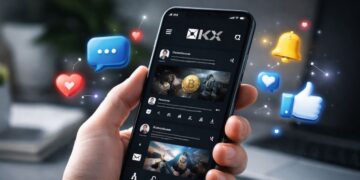 Mano sosteniendo smartphone con interfaz oscura de OKX y elementos de interacción de redes sociales flotando alrededor.