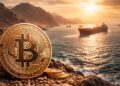 Moneda física de Bitcoin en primer plano con el estrecho de Ormuz y petroleros al atardecer de fondo.