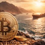 Moneda física de Bitcoin en primer plano con el estrecho de Ormuz y petroleros al atardecer de fondo.