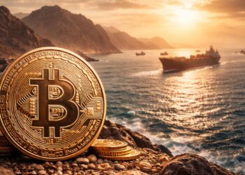 Moneda física de Bitcoin en primer plano con el estrecho de Ormuz y petroleros al atardecer de fondo.