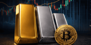 Una moneda física de bitcoin junto a lingotes de oro y plata delante de un gráfico de precios.