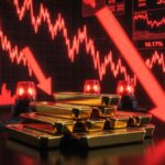 "Lingotes de oro brillante apilados en escena oscura de crisis financiera con gráficos rojos cayendo y flechas de mercado bajista.