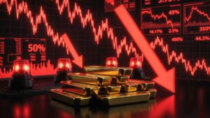 "Lingotes de oro brillante apilados en escena oscura de crisis financiera con gráficos rojos cayendo y flechas de mercado bajista.