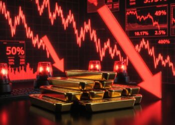 "Lingotes de oro brillante apilados en escena oscura de crisis financiera con gráficos rojos cayendo y flechas de mercado bajista.