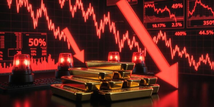 "Lingotes de oro brillante apilados en escena oscura de crisis financiera con gráficos rojos cayendo y flechas de mercado bajista.