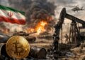 Moneda física de bitcoin sobre petróleo en un contexto bélico con la bandera de Irán de fondo.