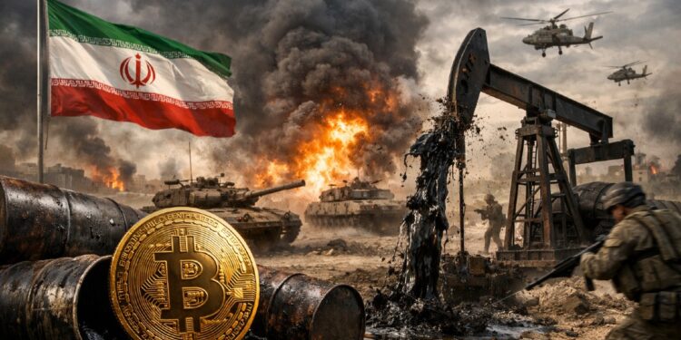 Moneda física de bitcoin sobre petróleo en un contexto bélico con la bandera de Irán de fondo.