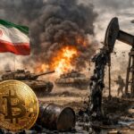Moneda física de bitcoin sobre petróleo en un contexto bélico con la bandera de Irán de fondo.