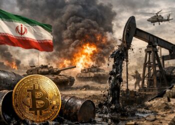 Moneda física de bitcoin sobre petróleo en un contexto bélico con la bandera de Irán de fondo.