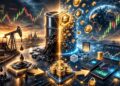 Ilustración futurista de barril de petróleo transformándose en tokens digitales en blockchain, con gráficos financieros y elementos tecnológicos en un entorno cyberpunk.