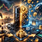 Ilustración futurista de barril de petróleo transformándose en tokens digitales en blockchain, con gráficos financieros y elementos tecnológicos en un entorno cyberpunk.