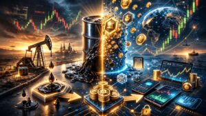 Ilustraciรณn futurista de barril de petrรณleo transformรกndose en tokens digitales en blockchain, con grรกficos financieros y elementos tecnolรณgicos en un entorno cyberpunk.