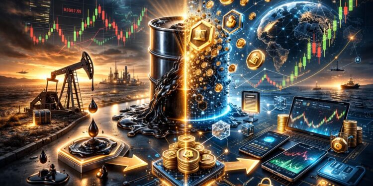 Ilustración futurista de barril de petróleo transformándose en tokens digitales en blockchain, con gráficos financieros y elementos tecnológicos en un entorno cyberpunk.