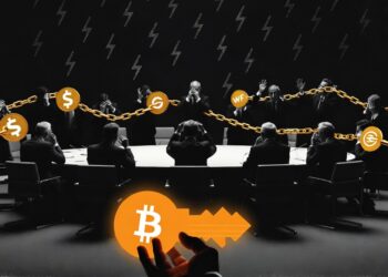 Un horizonte oscuro de una ciudad futurista (estilo banco central global: torres con logos BIS/ECB/Fed). En primer plano, siluetas de figuras políticas temblando (manos cubriendo rostros, hombros encorvados), envueltas en redes de cadenas translúcidas con logos de stablecoins (USDT, USDC, WFUSD) que brillan en azul frío.