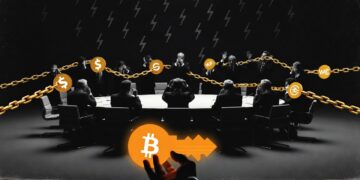 Un horizonte oscuro de una ciudad futurista (estilo banco central global: torres con logos BIS/ECB/Fed). En primer plano, siluetas de figuras políticas temblando (manos cubriendo rostros, hombros encorvados), envueltas en redes de cadenas translúcidas con logos de stablecoins (USDT, USDC, WFUSD) que brillan en azul frío.