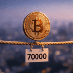 Una moneda de bitcoin haciendo equilibrio en una soga con un letrero que dice 70.000.