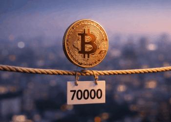 Una moneda de bitcoin haciendo equilibrio en una soga con un letrero que dice 70.000.