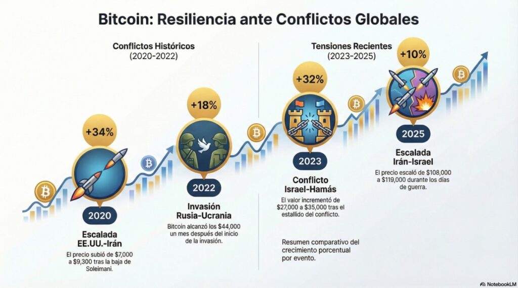 Infografía que muestra el crecimiento de BTC en medio de conflictos bélicos desde 2020.