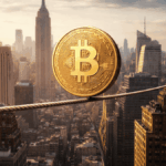 Una moneda de bitcoin hace equilibrio en una cuerda sobre la ciudad de Nueva York.