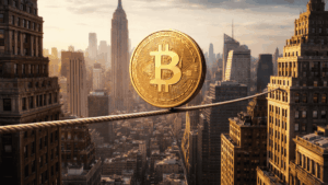 Una moneda de bitcoin hace equilibrio en una cuerda sobre la ciudad de Nueva York.