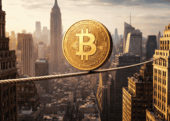 Una moneda de bitcoin hace equilibrio en una cuerda sobre la ciudad de Nueva York.