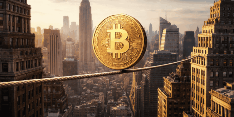 Una moneda de bitcoin hace equilibrio en una cuerda sobre la ciudad de Nueva York.