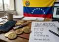 Monedas de bitcoin y criptomonedas sobre un escritorio donde hay un papel que dice "impuestos". De fondo, la bandera de Venezuela.