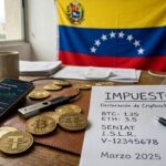 Monedas de bitcoin y criptomonedas sobre un escritorio donde hay un papel que dice "impuestos". De fondo, la bandera de Venezuela.