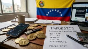 Monedas de bitcoin y criptomonedas sobre un escritorio donde hay un papel que dice "impuestos". De fondo, la bandera de Venezuela.