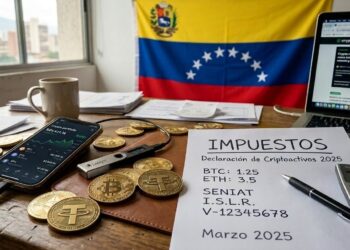 Monedas de bitcoin y criptomonedas sobre un escritorio donde hay un papel que dice "impuestos". De fondo, la bandera de Venezuela.