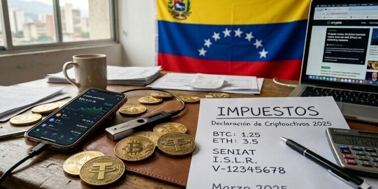 Monedas de bitcoin y criptomonedas sobre un escritorio donde hay un papel que dice "impuestos". De fondo, la bandera de Venezuela.
