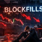 Oficina abandonada tras la quiebra de BlockFills, con grรกficos desplomรกndose en pantallas, flechas rojas a la baja.