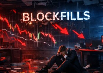 Oficina abandonada tras la quiebra de BlockFills, con gráficos desplomándose en pantallas, flechas rojas a la baja.