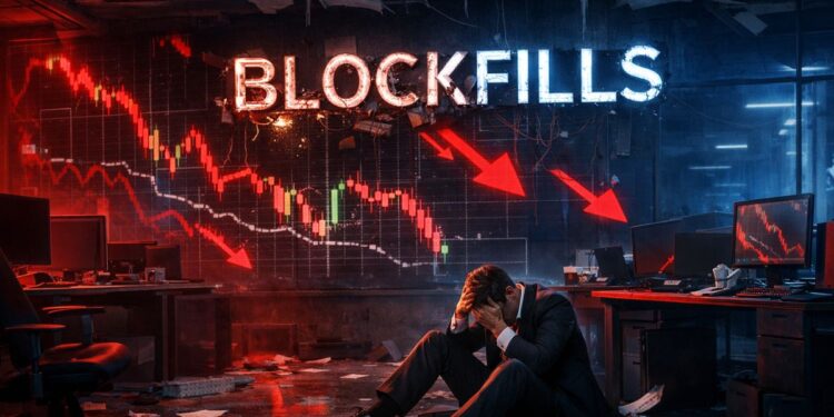 Oficina abandonada tras la quiebra de BlockFills, con gráficos desplomándose en pantallas, flechas rojas a la baja.