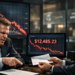 Inversor frustrado discutiendo con asesor financiero en oficina moderna mientras observa pérdidas en pantalla con gráficos bursátiles en caída.