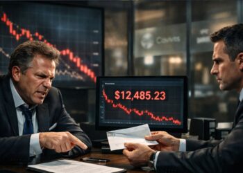 Inversor frustrado discutiendo con asesor financiero en oficina moderna mientras observa pérdidas en pantalla con gráficos bursátiles en caída.