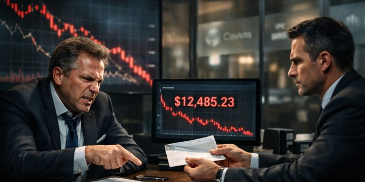 Inversor frustrado discutiendo con asesor financiero en oficina moderna mientras observa pérdidas en pantalla con gráficos bursátiles en caída.