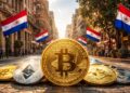 Monedas físicas de bitcoin y criptomonedas en medio de una calle con edificios a los lados y banderas de Paraguay.