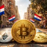 Monedas físicas de bitcoin y criptomonedas en medio de una calle con edificios a los lados y banderas de Paraguay.