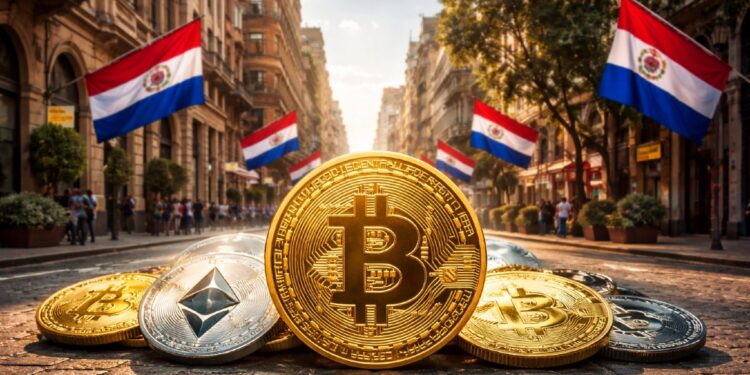 Monedas físicas de bitcoin y criptomonedas en medio de una calle con edificios a los lados y banderas de Paraguay.