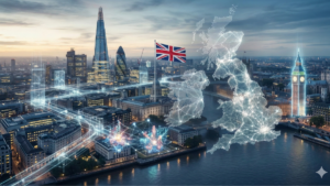 Imagen de Londres, donde se ve el Big Ben y la forma del mapa del paรญs.